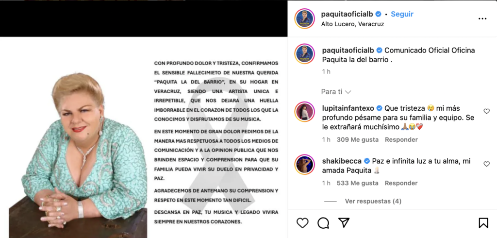 Comunicado desde redes oficiales de Paquita la del Barrio