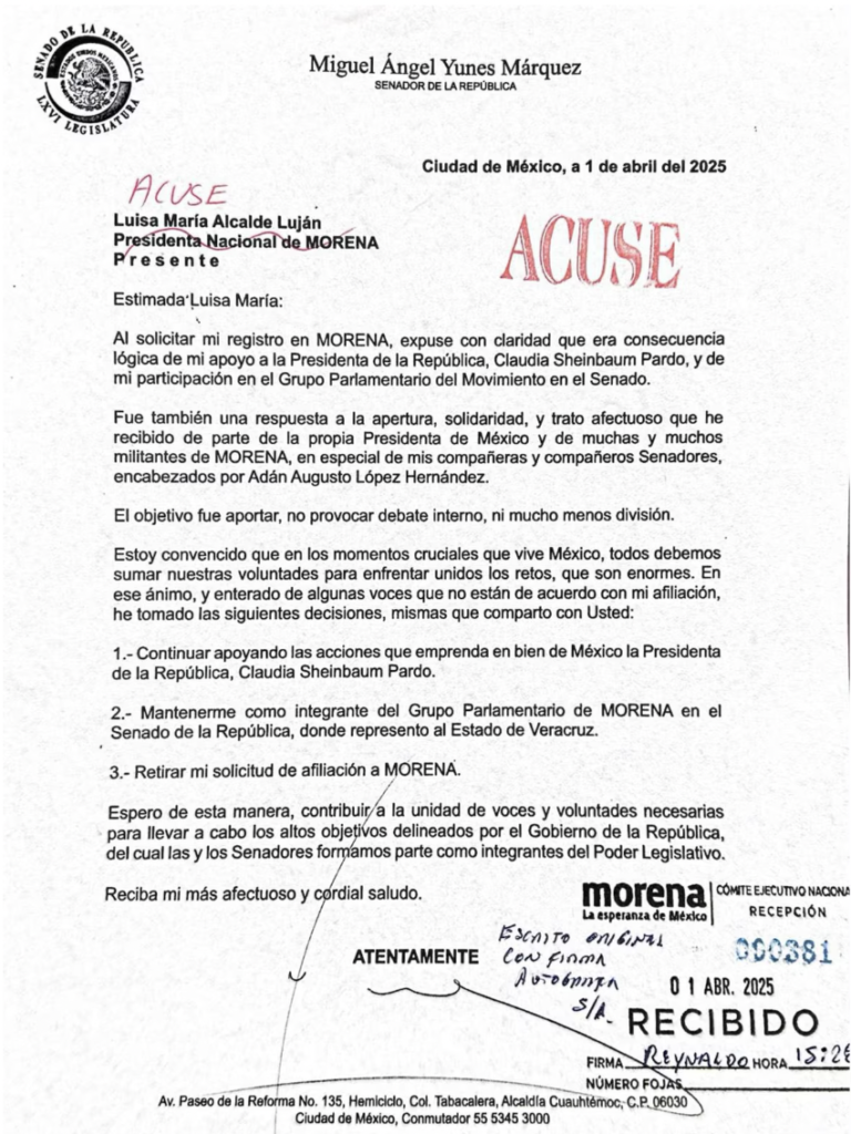 Carta enviada a la presidencia de Morena por Miguel Ángel Yunes Márquez (X/@MYunesMarquez)