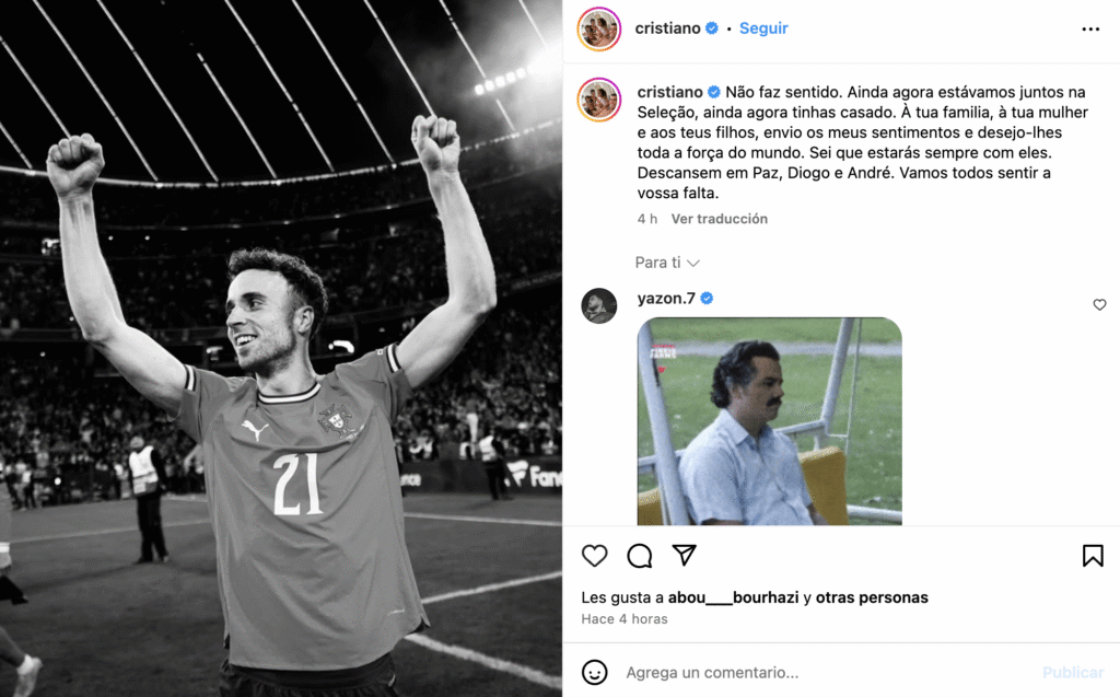 Cristiano Ronaldo publicó una historia en Instagram expresando su profundo pesar y enviando fuerza a la familia