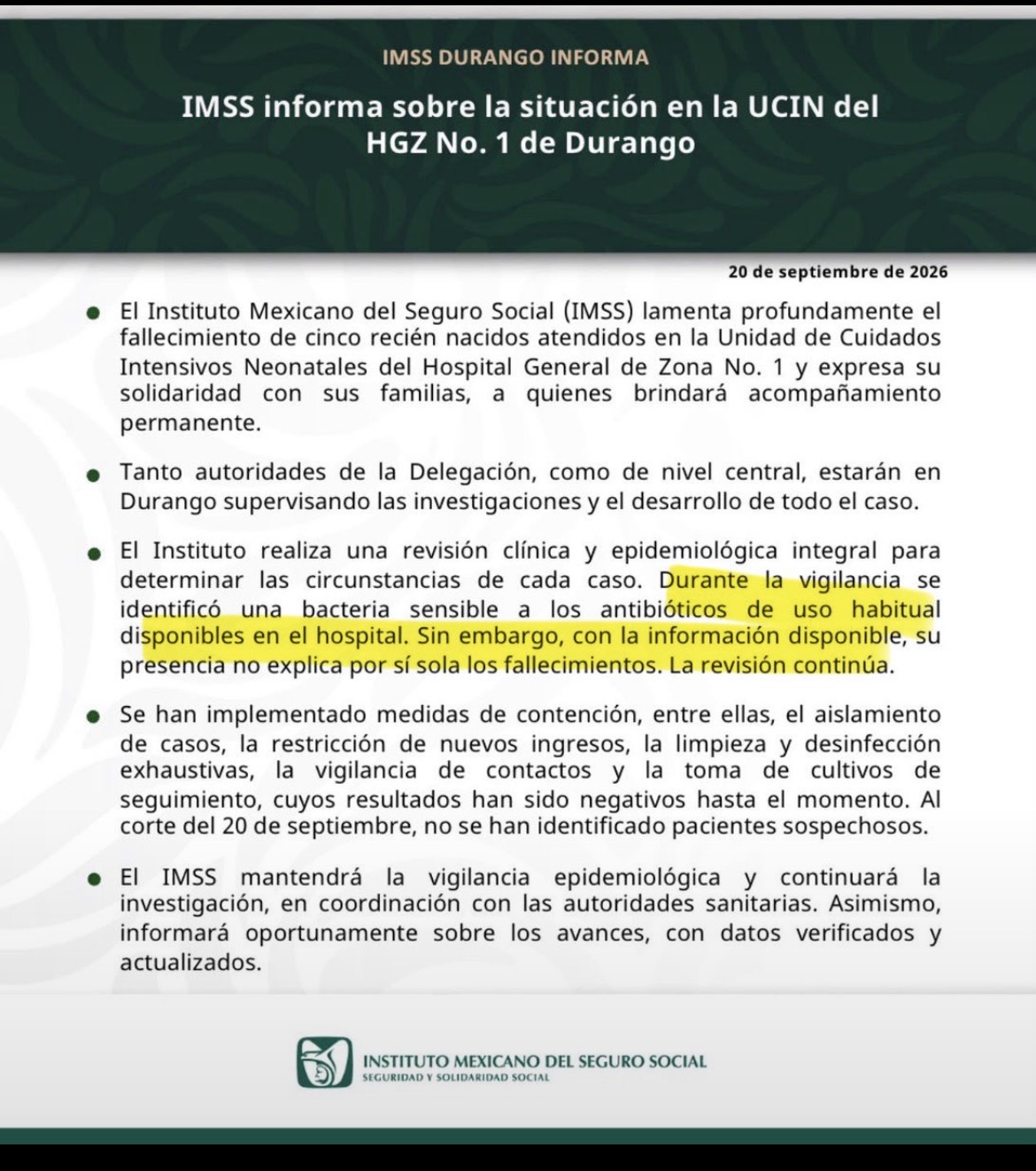 Comunicado del IMSS Durango sobre cinco recién nacidos fallecidos en el Hospital General de Zona No. 1