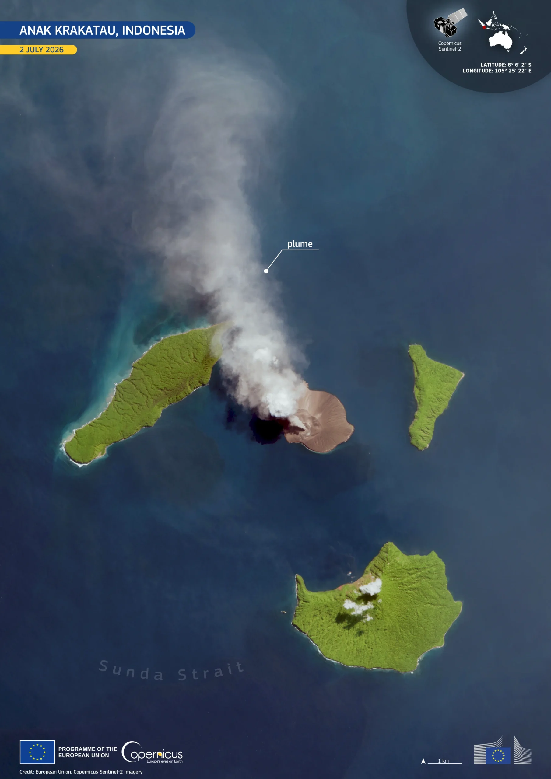 Vista satelital real del volcán Anak Krakatau durante una erupción en Indonesia