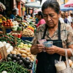 Mujer cuenta pesos frente a un puesto de frutas y verduras en un mercado de México