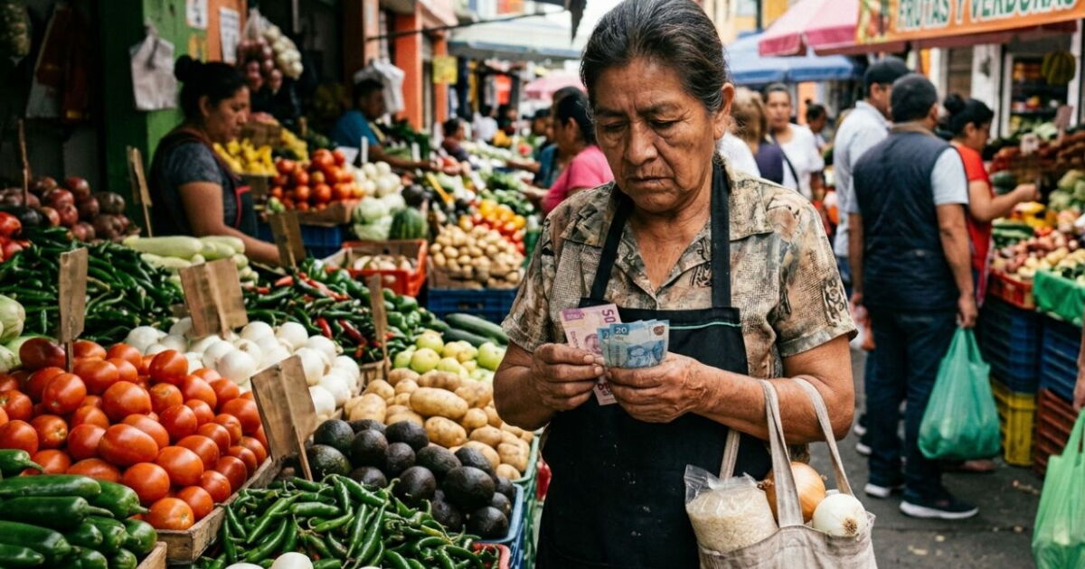 Mujer cuenta pesos frente a un puesto de frutas y verduras en un mercado de México