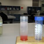 Frascos y tubos con sustancias químicas sobre una mesa de laboratorio