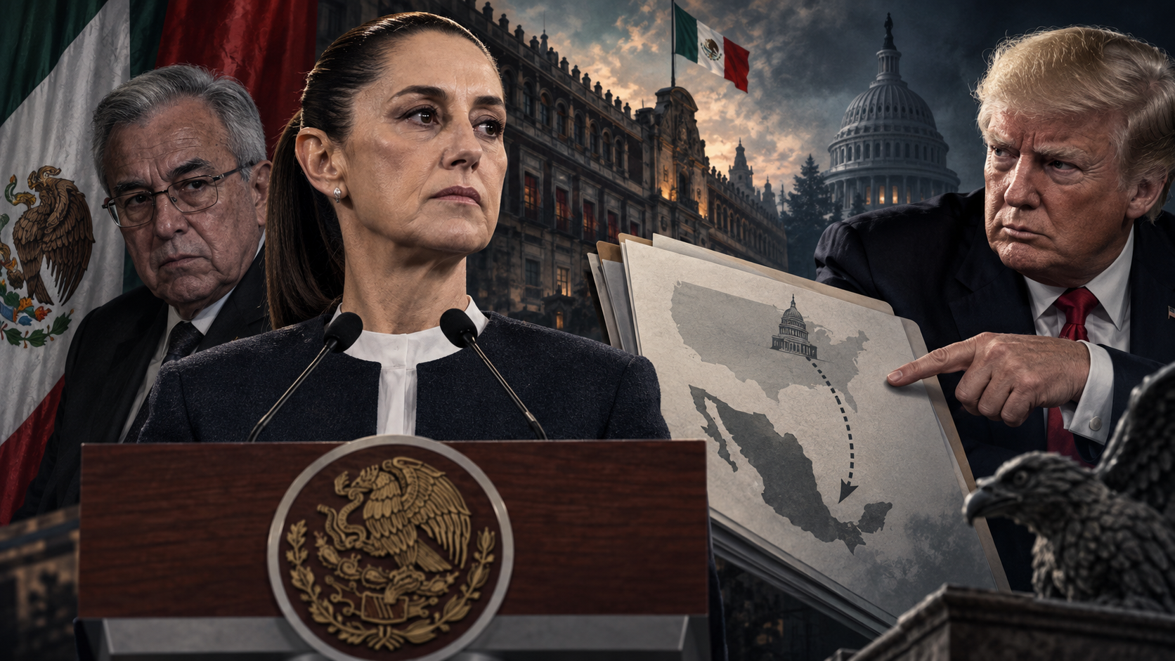 Claudia Sheinbaum, Rubén Rocha Moya y Donald Trump en una ilustración editorial sobre el caso Sinaloa
